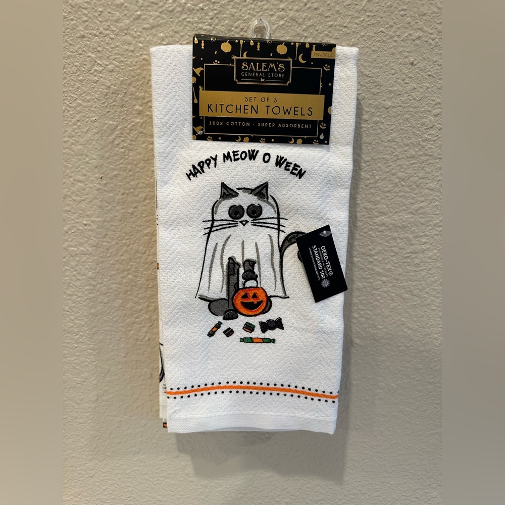 Set of 2 Salem's General Store Happy Meow O Ween Cat Ghost Kitchen Towels